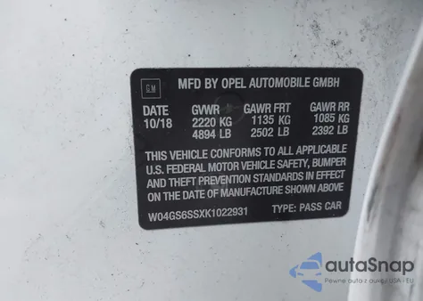 2019 Buick Regal Sportback Awd Gs из США, поврежденный, VIN W04GS6SSXK1022931